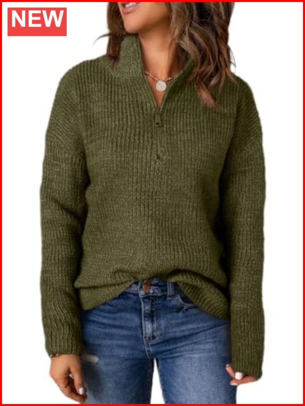 Women's Quarter Zip V-Neck Knit Pullover Sweater Long Sleeve Casual Fall